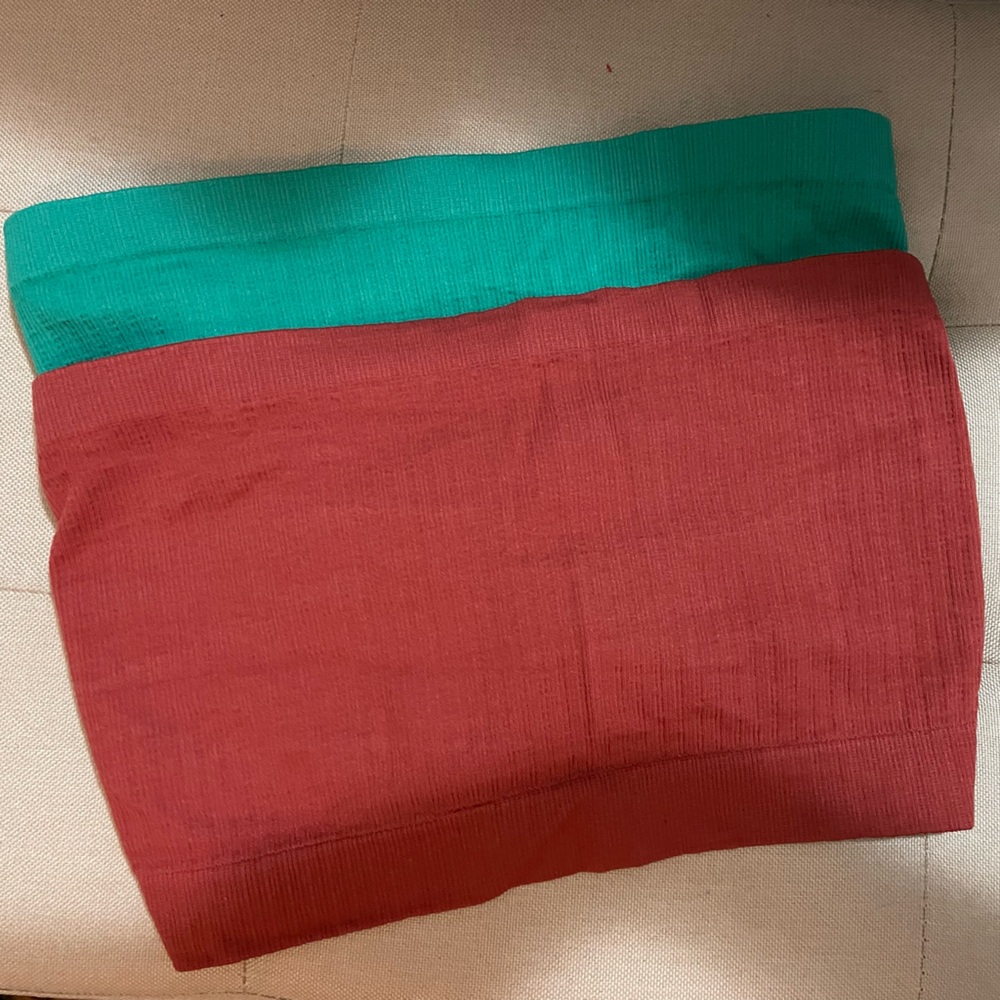 Rust Pink and Teal Ribbed Strapless Tube Top / Bandeau Bra Duo